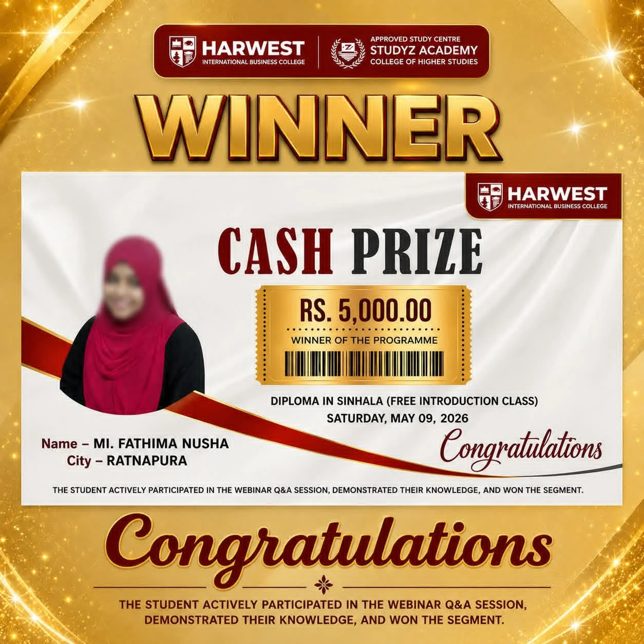 Diploma in Sinhala Free Introduction Class Winner