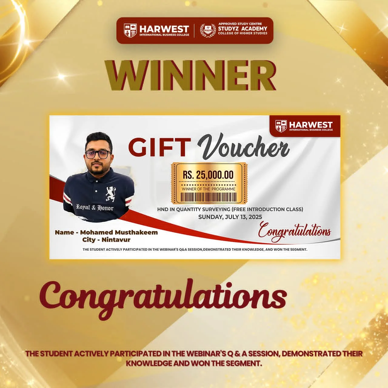HND in Quantity Surveying ( free Introduction class ) Winner