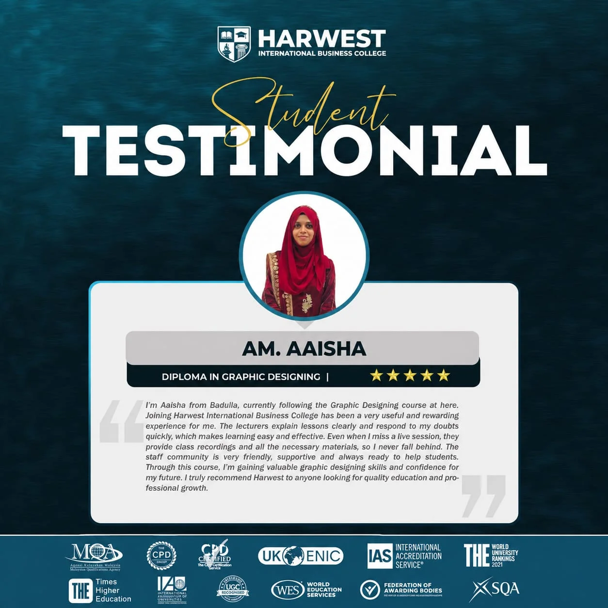 STUDENT TESTIMONIAL DIPLOMA IN GRAPHIC DESIGNING